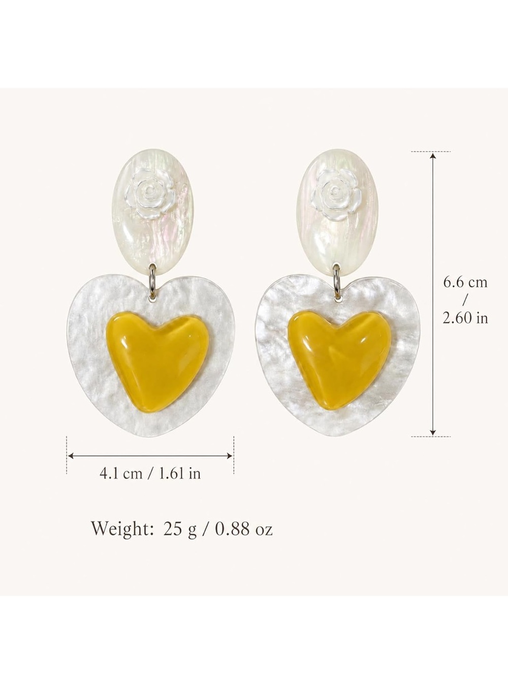 White Heart Drop Earrings with Yellow Heart Accent - Picture 4 of 6